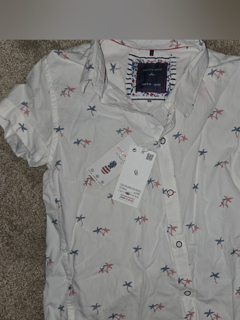 Cactus White Short-Sleeve Button-Down Shirt with Red & Blue Star Print